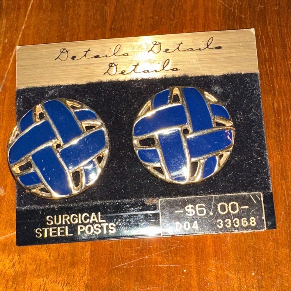 Vintage 80s New on Card Enamel Painted Navy Blue & Gold Woven Disc Post Earrings
